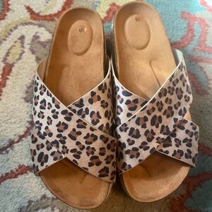 Tan and Black Sandals with Crossed-Strap Design